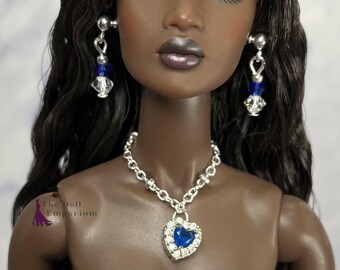 Handmade Doll Jewellery Set - Blue Heart Necklace and Earrings - Fits Poppy Parker, Barbie Silkstone, Other 12” Dolls