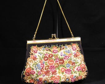 Vintage Floral Needlepoint Evening Handbag Purse Mother of Pearl Frame #4291
