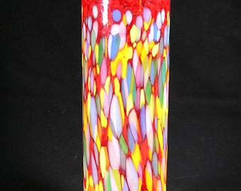 Hand Blown Art Glass Vase Red Top Multicolor Confetti Mosaic Studio Glass Décor #4300