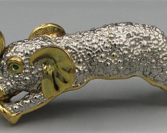 Vintage Two-Tone Elephant Brooch, Rhinestone Eyes