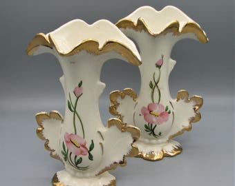 Vintage Goldra E Palestine Ohio Pair of Ceramic Porcelain Floral Vases #2192