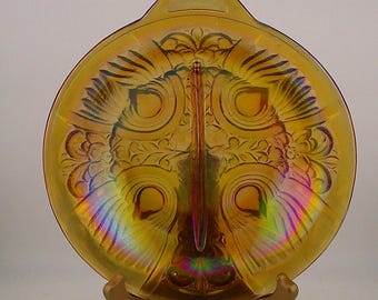 Iridescent Amber Carnival Glass Divided Dish Embossed Pattern #4514