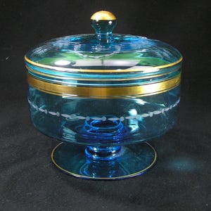 Vintage Aqua Blue Glass Lidded Candy Dish #3879 Free Shipping