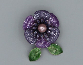 Vintage Purple Enamel Flower Brooch with Faux Pearl #6396