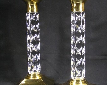 Waterford Crystal Cambridge Candle Holders Gold Tone Mounts Set of Two #4293