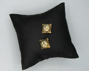 Ornate Pink Green Iridescent Sequin Earrings 6357 Gift Box Free Shipping