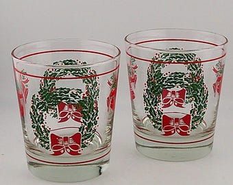 Libbey Christmas Wreath & Bells Glasses Set of 2 Holiday Lowball Tumblers #4507