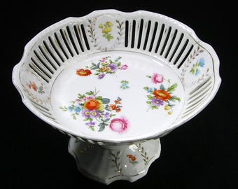 Antique Retsch Bavarian Porcelain Compote, Dresden Flowers, Pierced Design