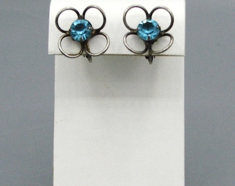 Vintage Aquamarine Blue Rhinestone Flower Earrings #5663 Gift Box Free Shipping