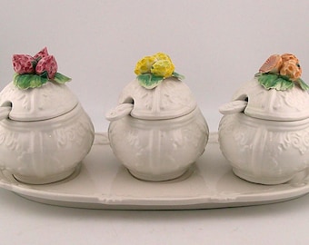 Italian Ceramic Relish Tray with Three Lidded Condiment Pots & Spoons #4510