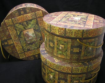 Vtg Cardboard Hat Storage Nesting Boxes Exotic Jungle Design Set of 3 #3986 Free Ship