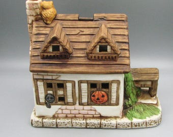 Vintage Ceramic Halloween Votive House with Ghost, Witch & Pumpkin