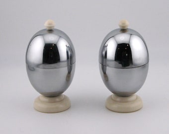 Vintage HeatMaster Egg Cozies, Cream Bakelite and Chrome, Set of Two