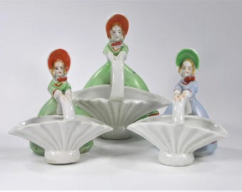Vintage Set Of Three Porcelain Girls with Baskets Made In Japan #3160 Free Ship