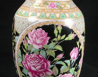 Vintage Lefton Midnight Cabbage Rose Floral Vase 1989 #3823 Free Shipping