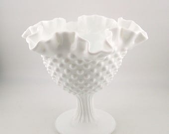 Fenton Hobnail Milk Glass Footed Compote with Ruffled Edge Gold Foil Label #4515