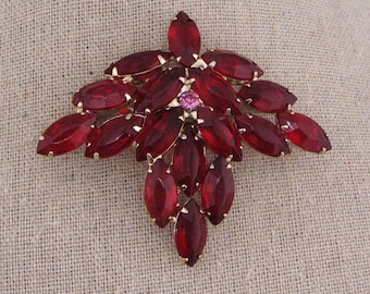 Vintage Red Marquis Cut Rhinestone Brooch Pink Round Center #5159 Free Ship