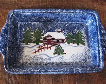 Katherine Michaels Winter Christmas Snow Cabin K2M1 Casserole Baker #3595
