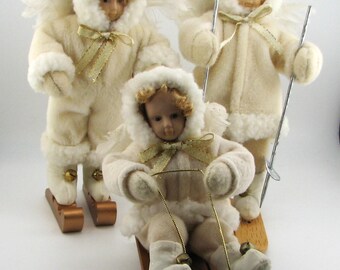 Vtg Three Snow Baby Cloth Angel Skiers, Sledders, Snow skiers #3755 Free Ship
