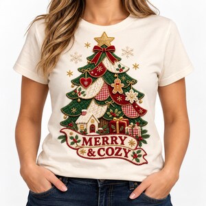 May include: A cream-colored short-sleeve t-shirt featuring a large graphic of a decorated Christmas tree with a gold star, red bow, gingerbread man, and gifts. At the base, a banner displays the red text Merry & Cozy with holly accents.