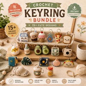 May include: A crochet keyring bundle featuring 15+ unique designs including a milk carton, boba tea, ice cream, flower, pizza slice, toast, egg, bottle, avocado, bag, camera, book, leaf, record player, shell, taco, cap, and jar with text.