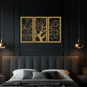 3 Piece Tree Metal Wall Art, Nature Inspired Branch and Bird Decor, Forest Panel Set, Modern Botanical Wall Sculpture, Metal Wall Accent