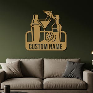 Custom Bar Metal Wall Art, Cocktail Sign with Shaker and Bottle, Personalized Name Metal Bar Decor, Modern Bar Gift, Drink Station Wall Art