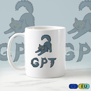 Puede incluir: Taza de cerámica blanca con un diseño de gato de dibujos animados en tonos azules, estirándose con las letras "GPT" debajo. El fondo presenta un patrón repetido del gato y las letras "GP".