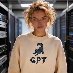Peut inclure: Un sweat-shirt beige avec un chat bleu foncé et les lettres "GPT". Le chat est représenté dans une pose ludique. La personne qui porte le sweat-shirt a les cheveux blonds et les yeux bleus.