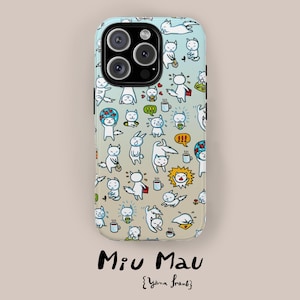 May include: A phone case with a playful design featuring numerous cartoon cats in various poses, with coffee cups and speech bubbles. The case has a gradient blue and beige background and the text "Miu Mau" and "{Yana frank}" in black.