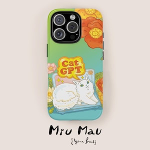 Pode incluir: Uma capa de telefone com um design colorido com um gato branco em uma superfície azul com o texto "Cat GPT". A capa tem um fundo gradiente verde e laranja com detalhes florais. A marca "Miu Mau" está escrita em script preto.