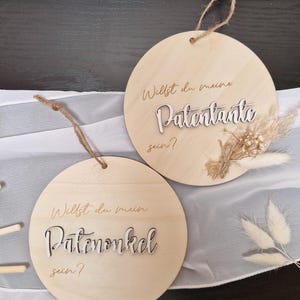 Will you be my godmother? Will you be my godfather? Wooden signs with 3D effect