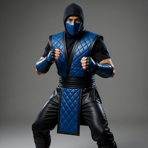 May include: A blue and black martial arts costume with a quilted pattern. The costume includes a hood, mask, vest, arm guards, gloves, and trousers. The person is in a fighting stance.