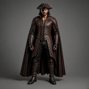 May include: A brown leather-look costume featuring a long cape, a lace-up bodice with metal studs, matching bracers, and knee-high boots. The ensemble includes a tricorn hat and an eye patch, creating a cohesive, structured outfit with dark accents.