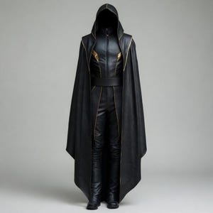 May include: A black hooded cloak and matching outfit with gold trim. The outfit includes a zip-up jacket, pants, and a wide belt. The cloak is long and flowing, and the outfit appears to be made of leather.