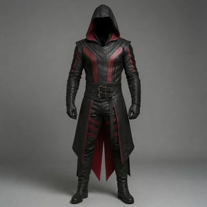 May include: A black and dark red hooded jacket with long sleeves, a waist belt featuring two metal buckles, and a long skirted hem. The garment includes matching black trousers and black boots, creating a full-body outfit with a deep hood.