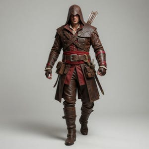 Set cosplay da assassino arciere con cappuccio in pelle marrone per uomo