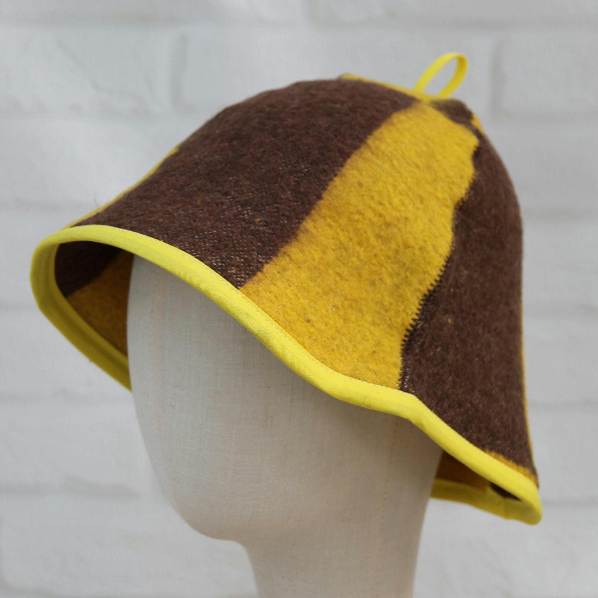 Upcycled Wool Striped Sauna Hat, Yellow Brown Banya Cap, Steam Room Headwear