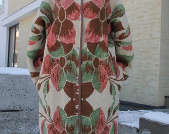 Abrigo de lana reciclada, chaqueta vintage con estampado floral (talla M-L)