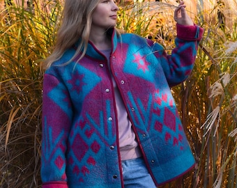 Vintage Wool Blanket Jacket, Handmade Upcycled Quilted Coat, Size L