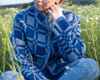 Abrigo de lana reciclada, chaqueta vintage a cuadros azules, talla L para mujer