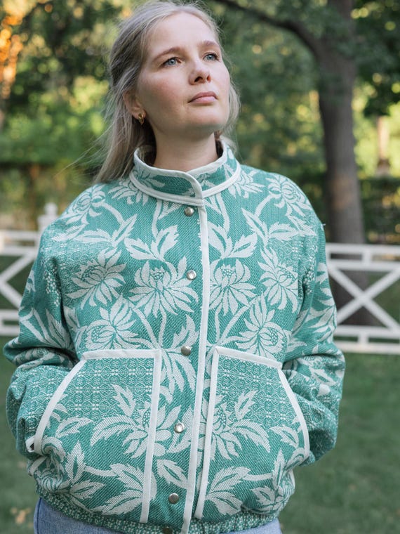 One-of-a-Kind Handmade Jacket from Vintage Green Tapestry Blanket - Upcycled Boho Chic - Retro Floral Bomber