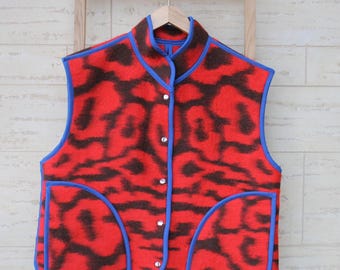 Upcycled Wool Blanket Vest, Red Plaid, Handmade Coat, Size M/L