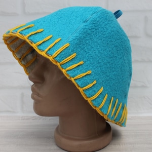 Wool sauna hat, handmade vintage blanket banya hat, thick felted steam bath hat with loop, upcycled sauna gift,flower felt blue hat.Баня.