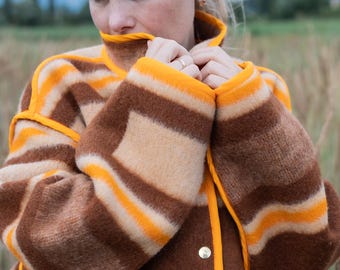 Vintage Upcycled Wool Blanket Jacket, Retro Geometric Coat, Oversized L