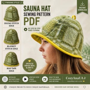 Bastuhatt sömnadsmönster PDF, 3 stilar, videoinstruktion (digital nedladdning, direkt nedladdning)