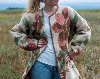 Upcycled Wool Blanket Coat, Floral Tapestry, Boho Overcoat, M/L