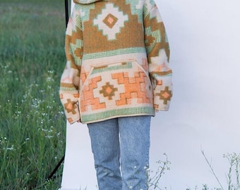 Upcycled Wool Blanket Hoodie, Ethnic Print Pullover (Size M/L)