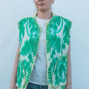 Wool Vest Size M,Upcycled from Green Floral Blanket,Women&#39;s Handmade Warm Sleeveless Jacket,vintage wool vest,upcycled clothing for women.