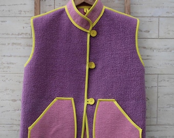 Upcycled Wool Blanket Vest, Lilac & Pink, Size M
